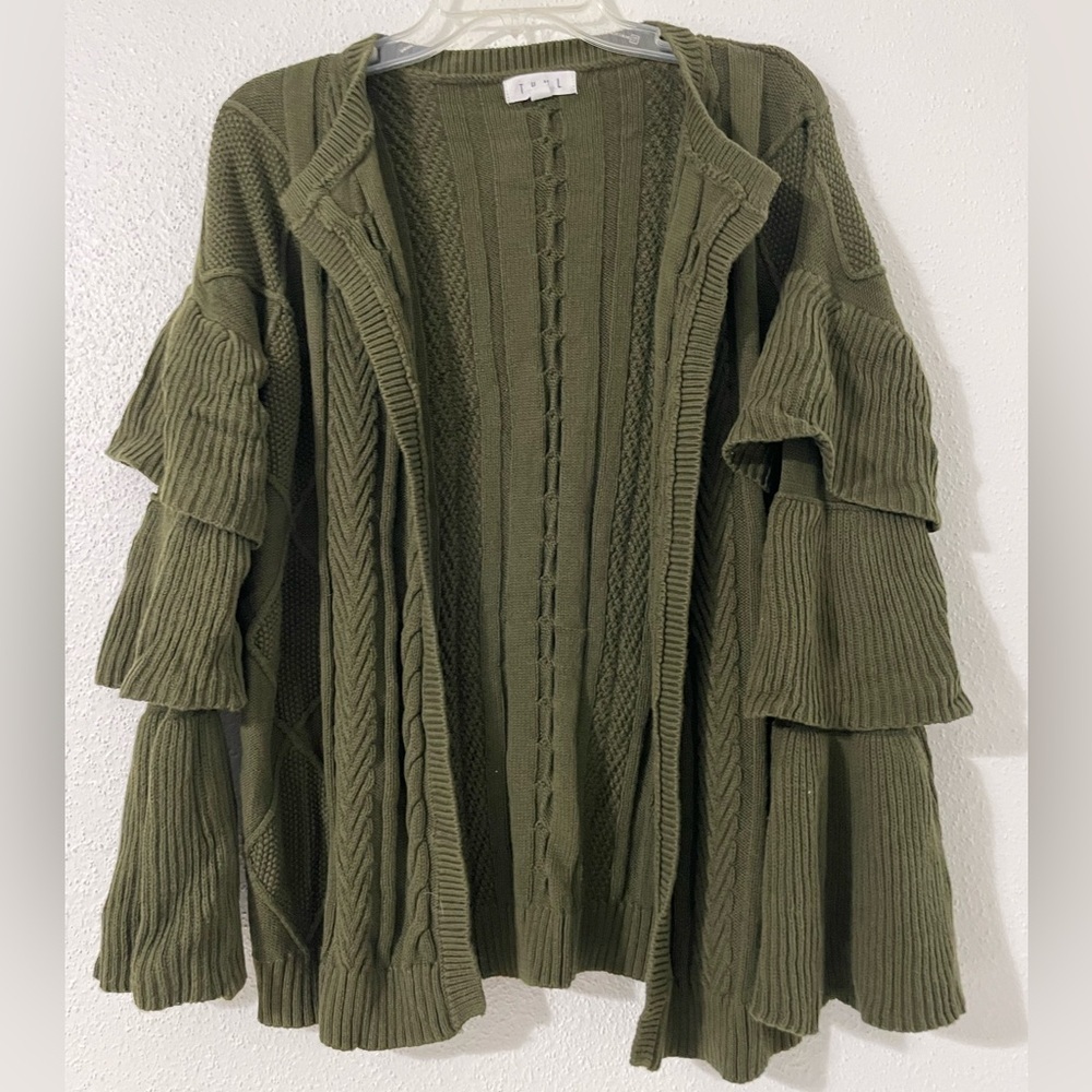 THML Cardigan Sweater Olive Green Cable Knit Open Front Tiered Bell Sleeves
